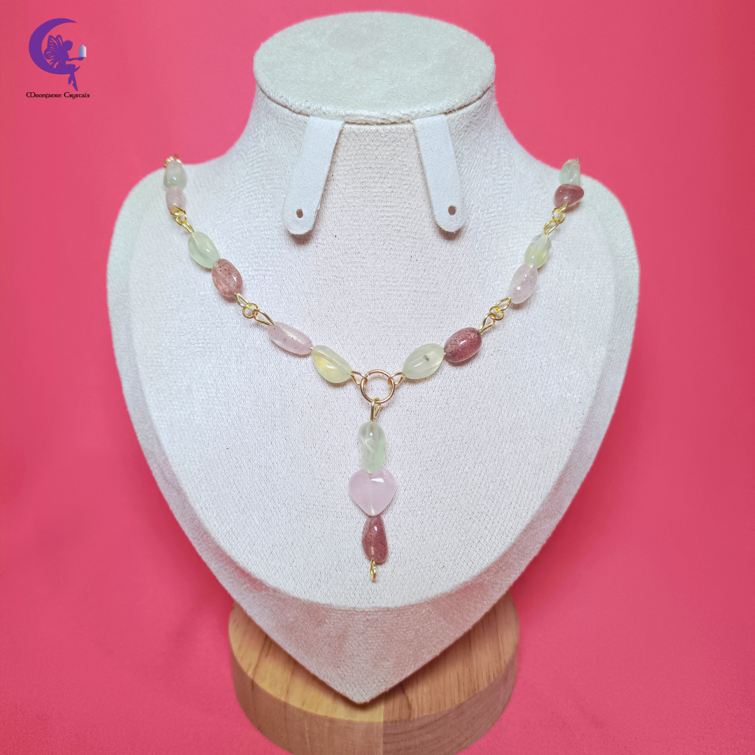 Heart of Serenity: Blossoming Love & Healing Jewelry Set - Rose Quartz, Strawberry Quartz & Prehnite