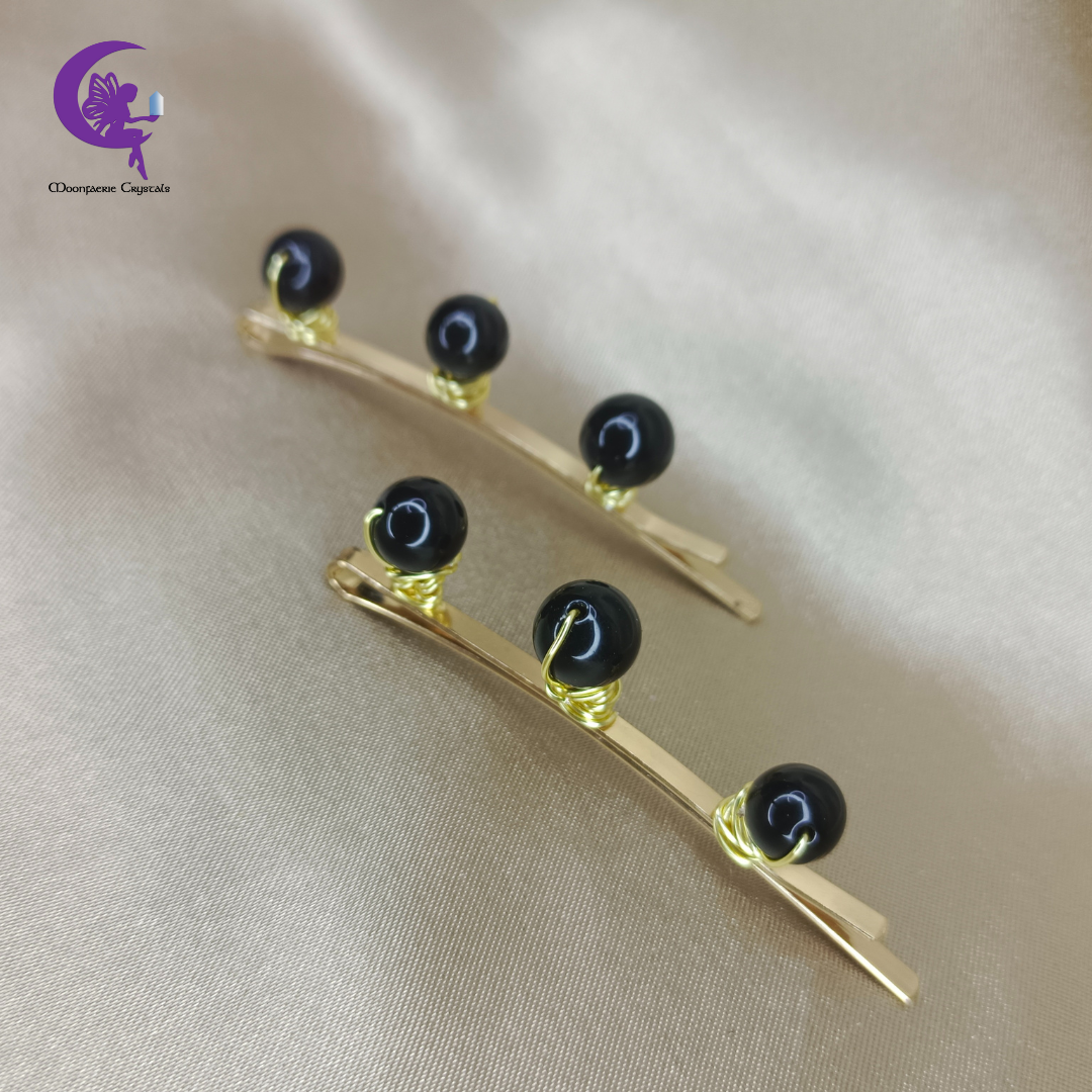 Black Obsidian Gemstone Beads Light Gold Hair Pins: Premium High-Vibrational Hair Accessories