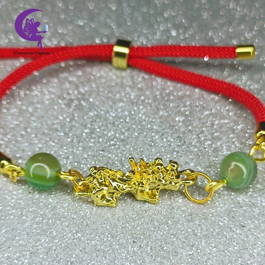 Sacred Thread of Abundance: Red - Pi Xiu Bracelet featuring Green Agate