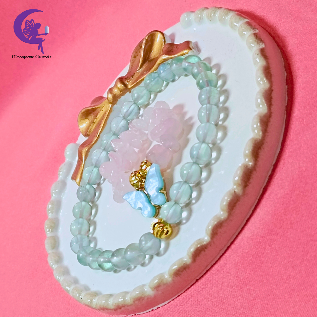 Avalon's Butterfly Haven of Healing Crystals – Blue Fluorite Bracelet & Rose Quartz Ring