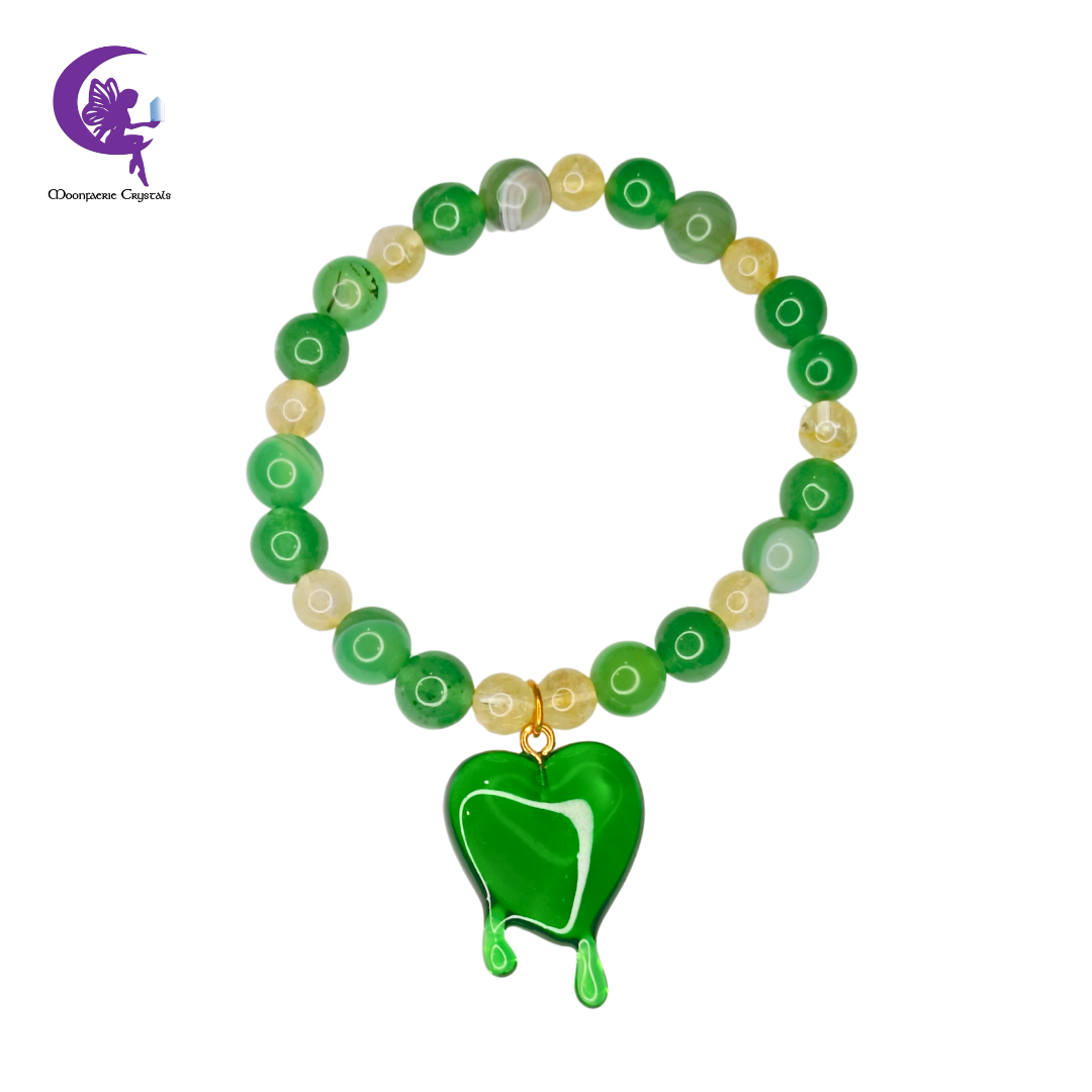 Triple Abundance Bracelet - Green Aventurine, Green Agate & Citrine with Green Heart Drip Charm