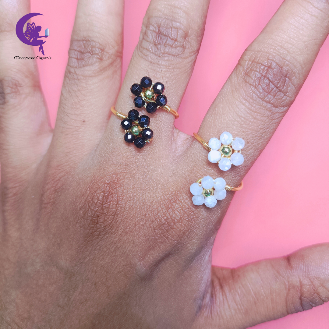Yin & Yang Flower Rings Set 🌸 - Moonstone & Black Spinel