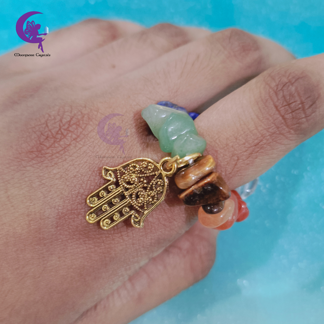 7 Chakra Crystal Hamsa Ring