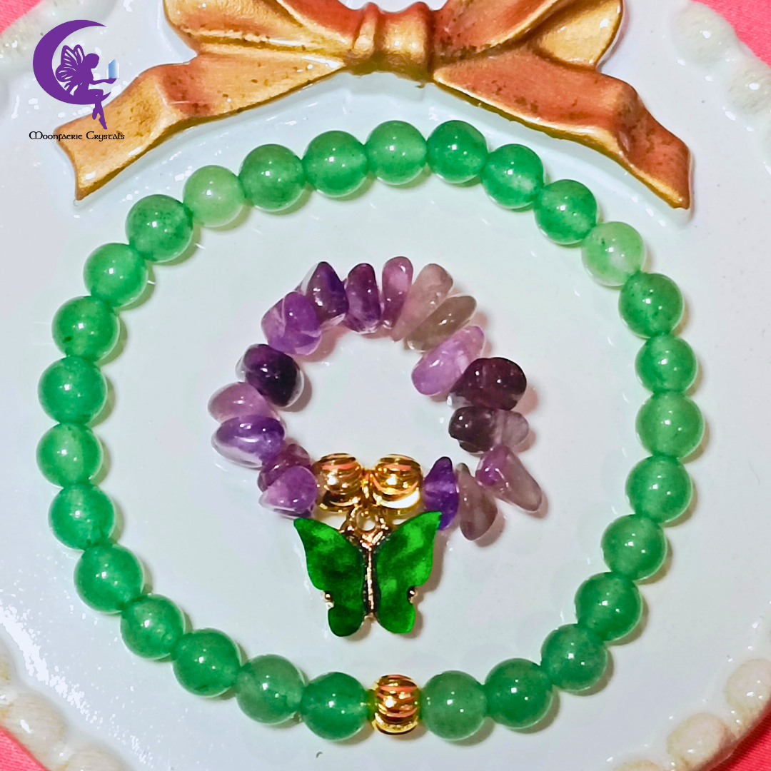 Avalon's Butterfly Haven of Healing Crystals – Green Aventurine Bracelet & Amethyst Ring