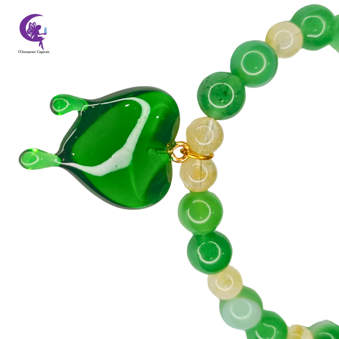 Triple Abundance Bracelet - Green Aventurine, Green Agate & Citrine with Green Heart Drip Charm