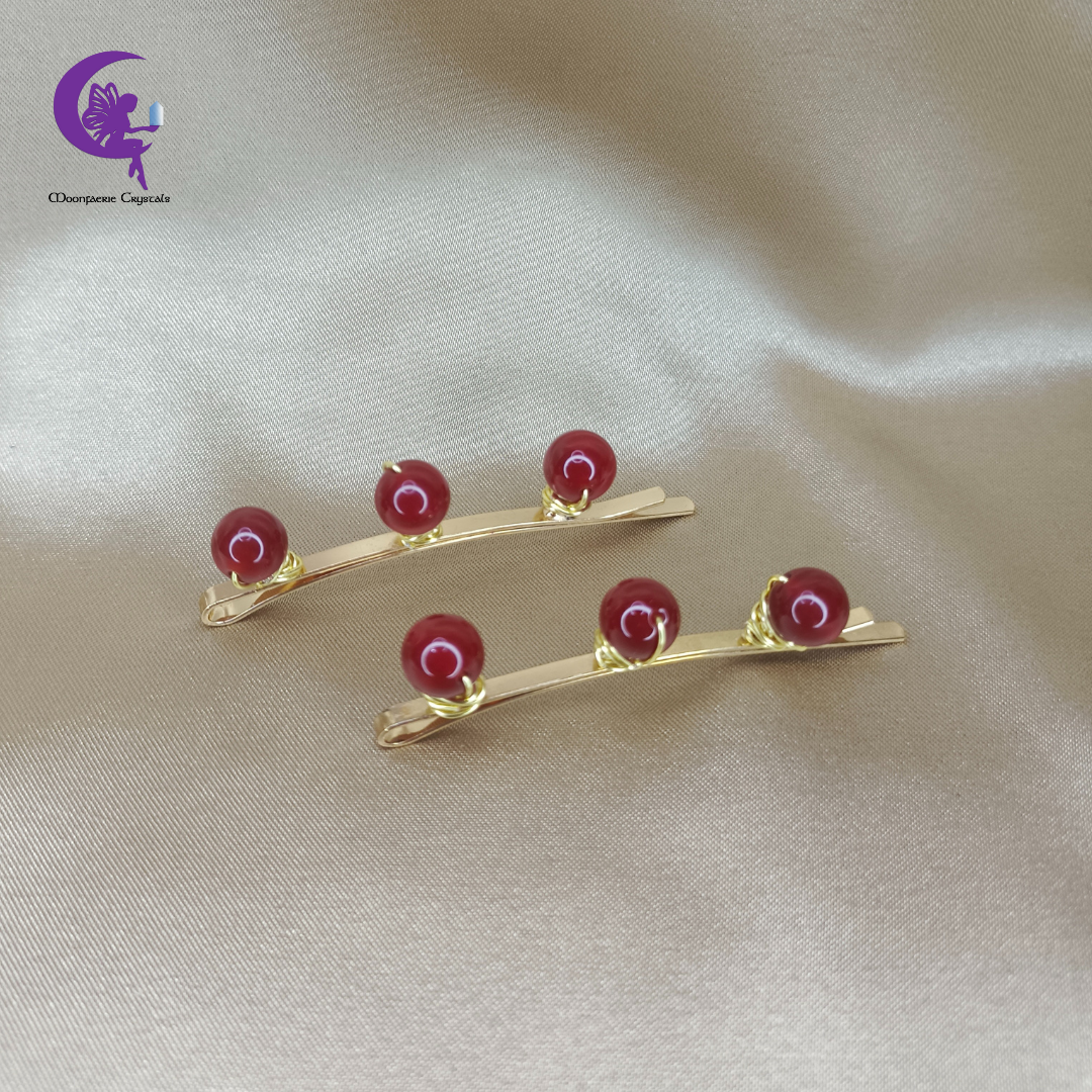 Carnelian Gemstone Beads Light Gold Hair Pins: Premium High-Vibrational Hair Accessories