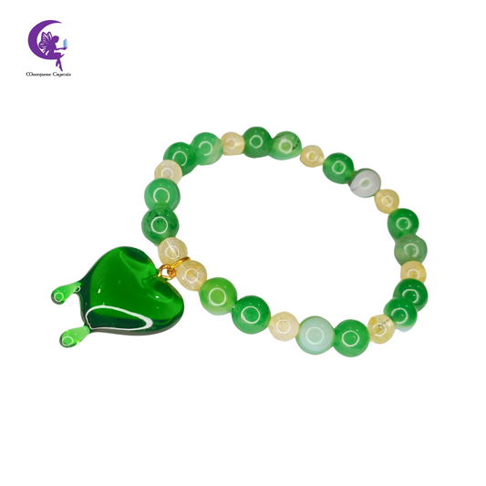 Triple Abundance Bracelet - Green Aventurine, Green Agate & Citrine with Green Heart Drip Charm