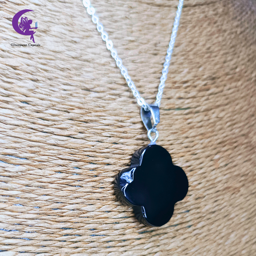 Black Obsidian Four Leaf Clover Necklace