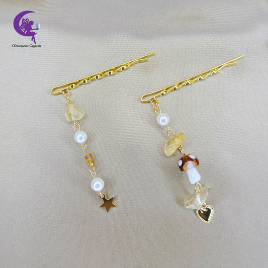 Twinkling Fairy Mushroom Gemstone Hair Pins - Gold Rutilated Quartz