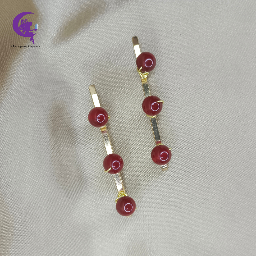 Carnelian Gemstone Beads Light Gold Hair Pins: Premium High-Vibrational Hair Accessories