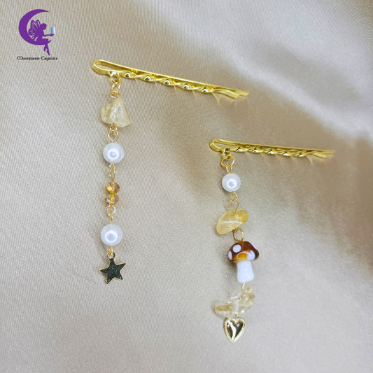 Twinkling Fairy Mushroom Gemstone Hair Pins - Gold Rutilated Quartz