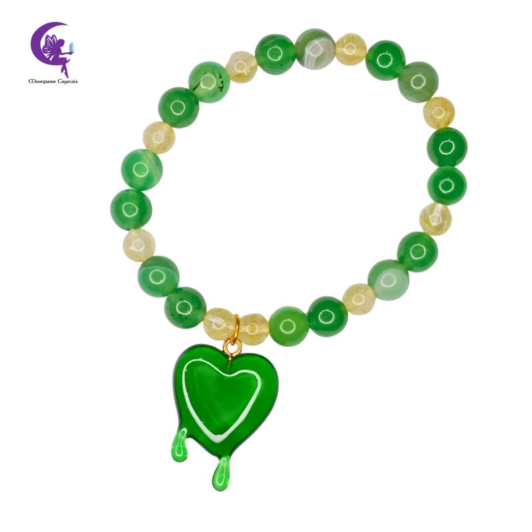 Triple Abundance Bracelet - Green Aventurine, Green Agate & Citrine with Green Heart Drip Charm