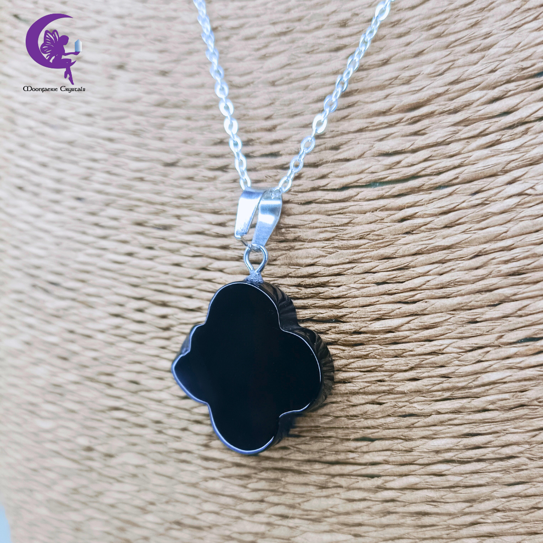 Black Obsidian Four Leaf Clover Necklace