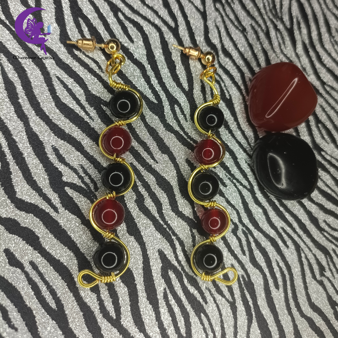 Twilight Inferno Swirl Earrings - Carnelian & Black Obsidian NJ