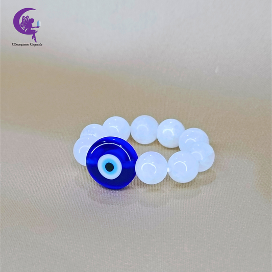 Evil Eye Moonstone Beaded Ring – Protection, Intuition & Divine Energy