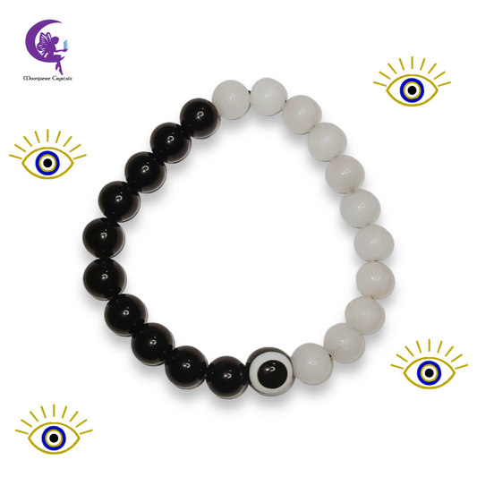 Black Obsidian, White Jade & Black Evil Eye Protection Crystal Bracelet